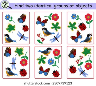 Find two identical groups of objects. Educational logical game for children with ladybugs, dragonflies, flowers, leaves, butterflies. Vector illustration.
