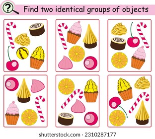 Find two identical groups of objects. Educational logical game for children with cakes, sweets, cupcakes. Vector illustration.