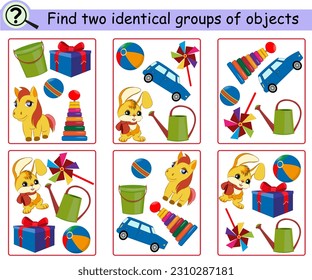 Find two identical groups of objects. Educational logical game for children with toys. Vector illustration.