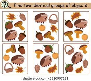 Find two identical groups of objects. Educational logical game for children with hedgehog, nuts, autumn leaves. Vector illustration.