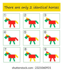 Find two identical horses. Logic game for children.  Task for the development of attention. Preschool worksheet activity. Answer is 3,7.