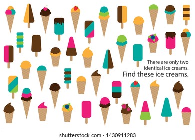 Find two identical ice creams, summer fun education puzzle game for children, preschool worksheet activity for kids, task for the development of logical thinking and mind, vector illustration