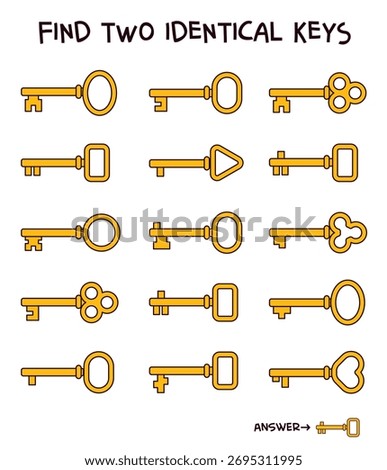Find two identical keys puzzle for kids. Educational activity with golden keys. Fun logic game to develop attention and observation skills. Cartoon vector illustration. Isolated on white. Spot it
