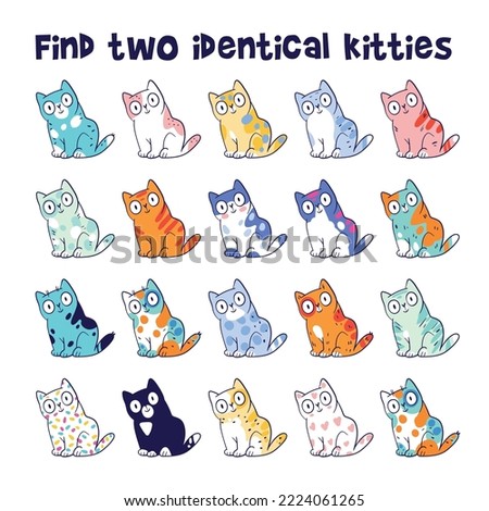 Find two identical kitties. Colorful kids puzzle. Set of cartoon vector illustrations. Isolated on white background