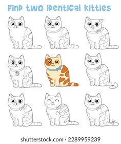 Find two identical kitties. Find second identical cat and color it. Educational game for children. Puzzle Hidden Items. Coloring book. Set of cartoon vector illustrations. Isolated on white background