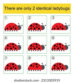 Find two identical ladybugs. Logic game for children.  Task for the development of attention. Preschool worksheet activity. Answer is 2,6.