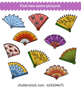 Find two identical pictures, education game for children, vector set of fans
