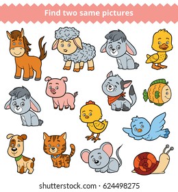 Find two identical pictures, education game for children, vector set of farm animals