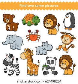 Find two identical pictures, education game for children, vector set of zoo animals