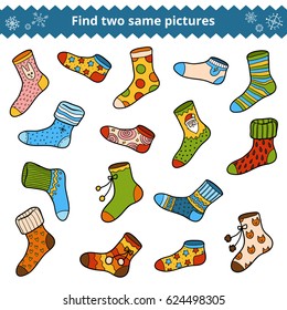 Find two identical pictures, education game for children, vector set of socks