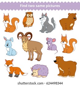 Find two identical pictures, education game for children, vector set of forest animals