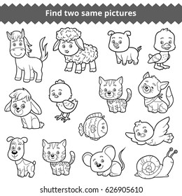 Find two identical pictures, education game for children, vector set of farm animals