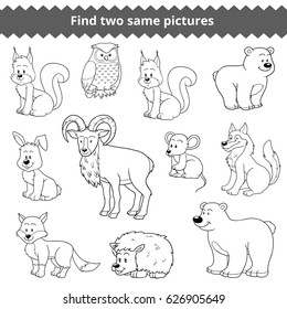 Find two identical pictures, education game for children, vector set of forest animals