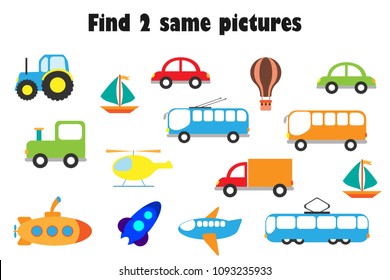 Find two identical pictures, fun education game with transport in cartoon style for children, preschool worksheet activity for kids, task for the development of logical thinking, vector illustration