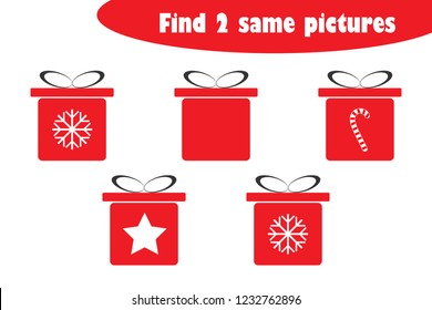 Find two identical pictures, fun education game with christmas gift boxes cartoon for children, preschool worksheet activity for kids, task for the development of logical thinking, vector illustration