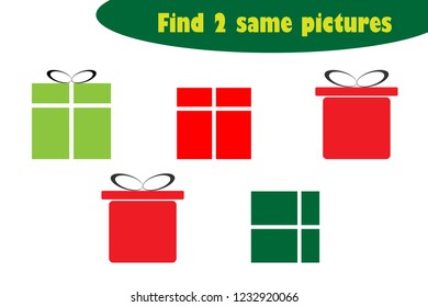 Find two identical pictures, fun education game with christmas gift boxes cartoon for children, preschool worksheet activity for kids, task for the development of logical thinking, vector illustration