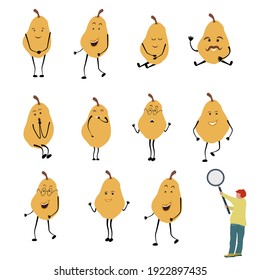 Find two identical pictures. A fun educational game for children, a task for the development of logical thinking, a puzzle. Fruit cartoon characters. Vector illustration.