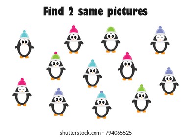Find two identical pictures, fun education game with penguins in cartoon style, for children, preschool worksheet activity for kids,, task for the development of logical thinking, vector illustration
