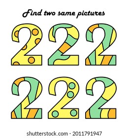 Find two identical pictures. A puzzle game for children. Numbers. Two. Education and entertainment. Logical worksheet for preschool kids. Vector illustration.