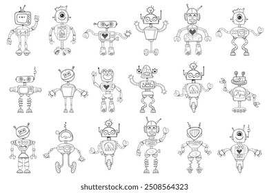 Encuentra dos robots idénticos. Encontrar diferencias. Personaje de dibujos animados en blanco y negro. Elige la silueta correcta. Juego educativo. Ilustración vectorial graciosa. Aislado sobre fondo blanco. Libro para colorear