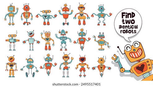 Find two identical robots. Funny cartoon characters. Choose right silhouette. Educational game for kids. Attention task. Worksheet page. Activity book. Isolated vector illustration. Set