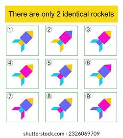 Find two identical rockets. Logic game for children.  Task for the development of attention. Preschool worksheet activity. Answer is 5,8.