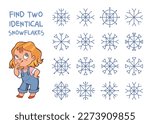 Find two identical snowflakes. Find 2 same objects. Educational game for children. Choose correct answer. Colorful cartoon characters. Funny vector illustration. Isolated on white background