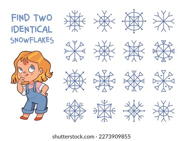 Find two identical snowflakes. Find 2 same objects. Educational game for children. Choose correct answer. Colorful cartoon characters. Funny vector illustration. Isolated on white background