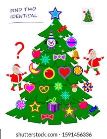 Find Two Identical Toys In Christmas Tree. Logic Puzzle Game For Children And Adults. Printable Page For Kids Brain Teaser Book. Developing Spatial Thinking Skills. IQ Test. Vector Cartoon Image.