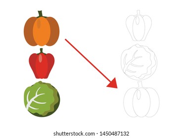 Find two identical vegetables.  Educational matching game for children. Cartoon vector illustration. the matching educational kid game with simple gaming level for preschool kids. 