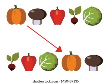 Find two identical vegetables.  Educational matching game for children. Cartoon vector illustration. the matching educational kid game with simple gaming level for preschool kids. 