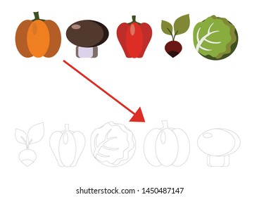 Find two identical vegetables.  Educational matching game for children. Cartoon vector illustration. the matching educational kid game with simple gaming level for preschool kids. 