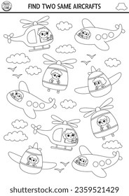 Find two same aircrafts. Transportation black and white matching activity for children. Air transport educational line quiz worksheet for kids. Coloring page with cute plane, helicopter
