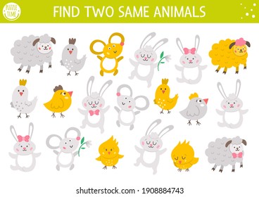 Find two same animals. Easter matching activity for children. Funny spring educational logical quiz worksheet for kids. Simple printable game with cute bunny, sheep, mouse, chick, bird
