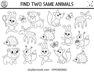 Find two same animals. Forest black and white matching activity. Funny woodland educational outline quiz worksheet or coloring page for kids. Simple printable game with bear, squirrel, rabbit, fox
