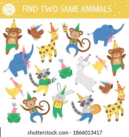 Find two same animals. Holiday matching activity for children. Funny educational Birthday logical quiz worksheet for kids. Simple printable celebration game with cute characters in cone hats
