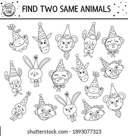 Find two same animals. Holiday black and white matching activity for children. Funny outline educational Birthday logical line worksheet for kids. Simple printable celebration game 
