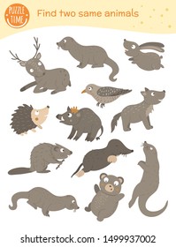 Find two same animals. Matching activity for children. Funny woodland game for kids. Logical quiz worksheet.