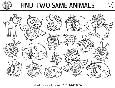 Find two same animals. Mothers day black and white matching activity for children. Funny spring logical quiz worksheet for kids. Simple printable line game or coloring page with cute animals 
