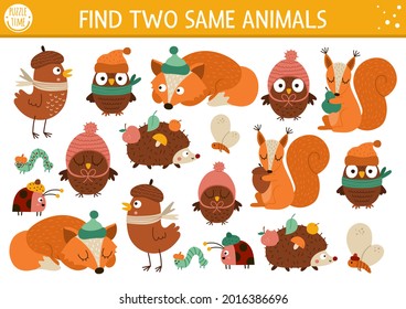 Find two same animals. Thanksgiving matching activity for children. Funny autumn educational quiz worksheet for kids for attention skills. Simple fall printable game with cute characters
