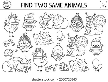 Find two same animals. Thanksgiving black and white matching activity for children. Funny line autumn quiz worksheet for kids for attention skills. Simple fall printable game or coloring page
