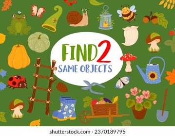 Find two same autumn leaves, animals, plants and gnome garden tools. Details search quiz, same picture finding playing activity vector worksheet with frog and bumblebee, snail, ladybug, wheelbarrow