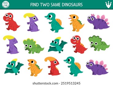 Find two same baby dinosaurs. Prehistoric matching activity for children. Dino land educational quiz worksheet for kids with ancient animals. Printable game with cute little T-rex, triceratops
