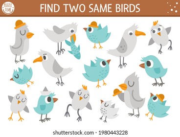 Find two same birds. Forest matching activity for children. Funny woodland educational logical quiz worksheet for kids. Simple printable seek and find game with cute animals.
