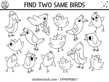 Find two same birds. Forest black and white matching activity or coloring page. Funny outline woodland logical quiz worksheet for kids. Simple printable seek and find game with cute animals 
