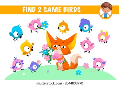 Encuentra dos mismas aves. Juegos para niños. Juego de rompecabezas con objetos ocultos. Personajes divertidos de caricatura. Ilustración vectorial.