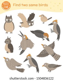Find two same birds. Matching activity for preschool children. Funny woodland game for kids. Logical quiz worksheet.