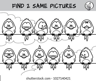 Find two the same birds on the picture. Educational matching game for children. Black and white cartoon vector illustration