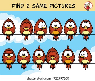 Find two the same birds on the picture. Educational matching game for children. Cartoon vector illustration