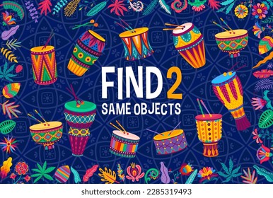 Find two same Brazilian or African drums, kids game worksheet, vector puzzle quiz. Colorful African jembe drums or Brazilian music instruments in tropical flowers in riddle to find two same objects